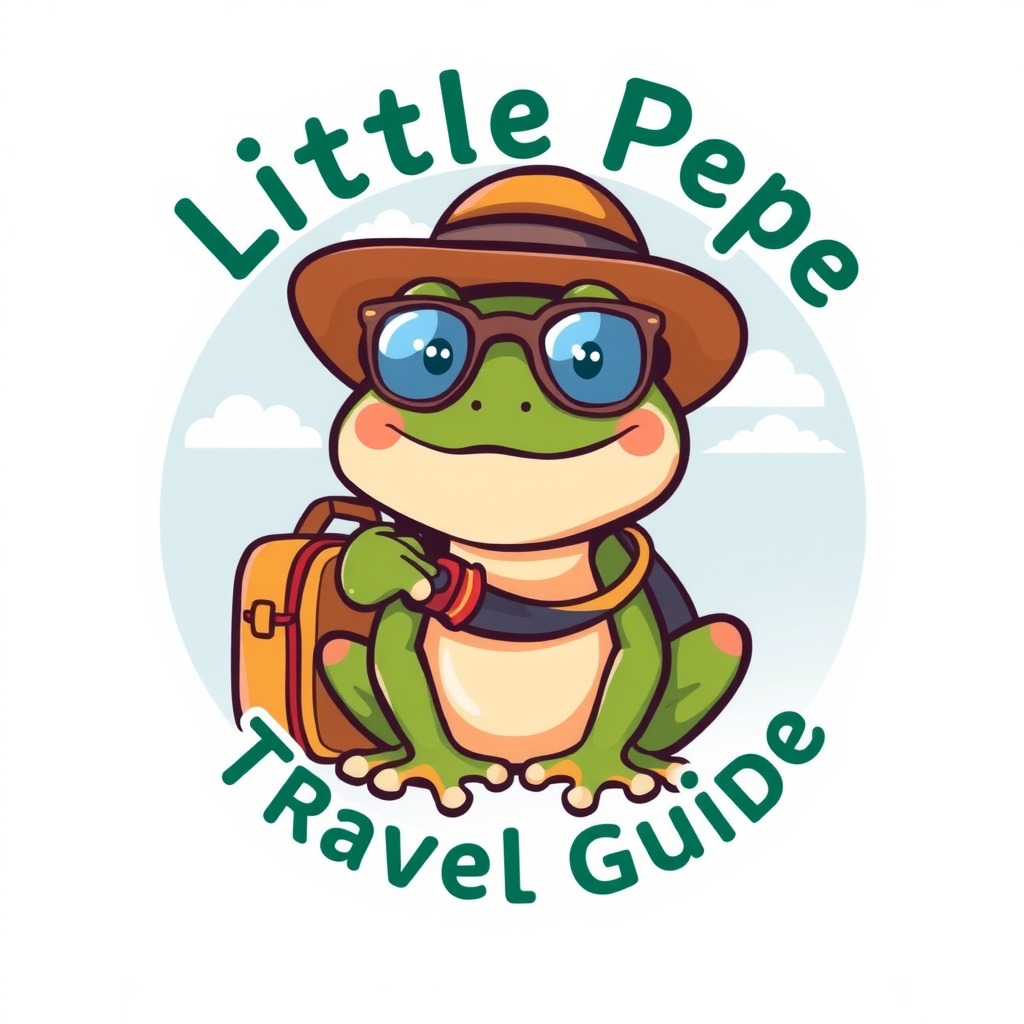 Little Pepe Travel Guide logo featuring a cute cartoon frog character with travel accessories