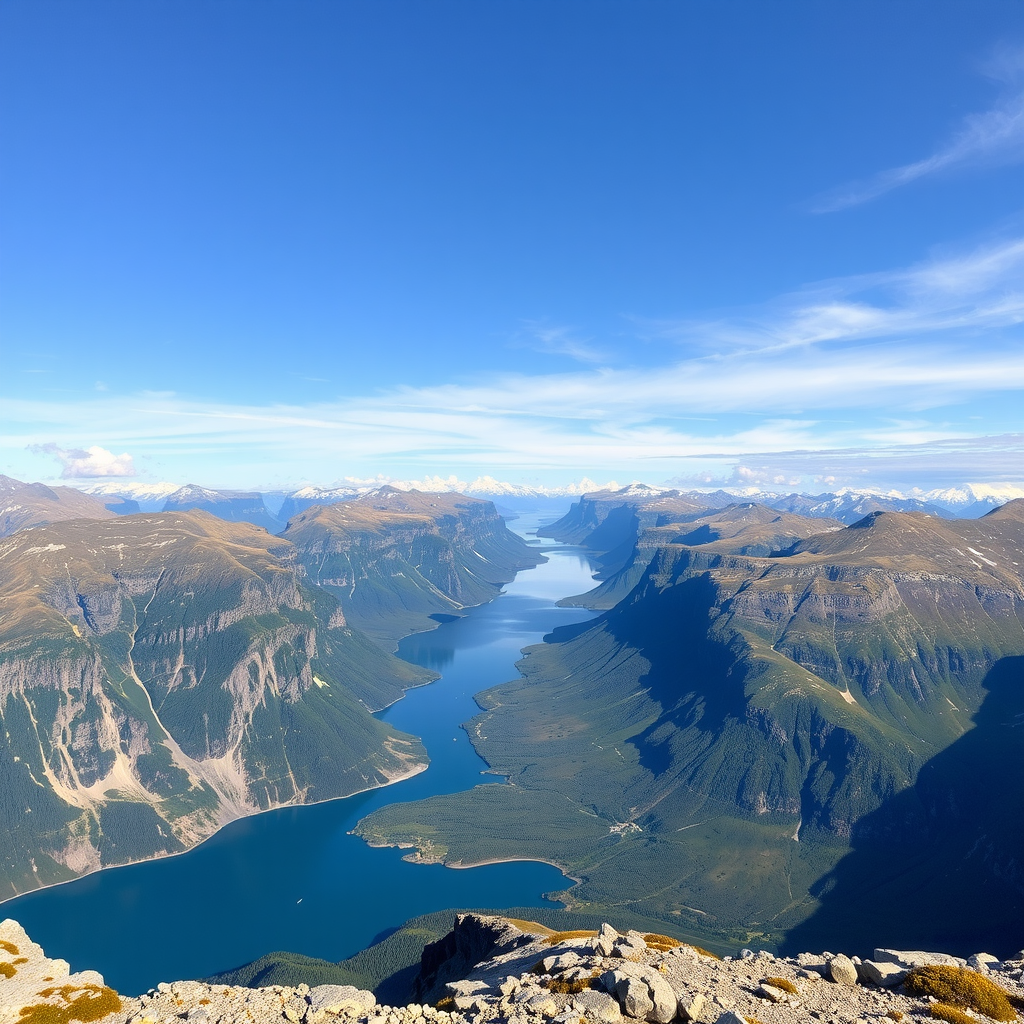 Breathtaking panoramic view of Norwegian fjords, mountains, and pristine wilderness showcasing the country's adventure potential