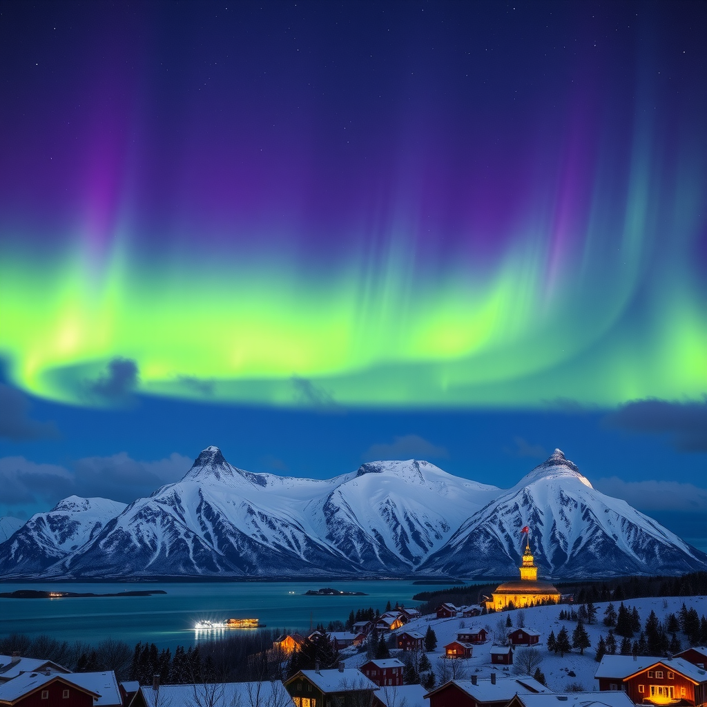 Spectacular northern lights dancing across the dark Arctic sky above Tromsø, Norway, with vibrant green and purple aurora borealis illuminating snow-covered mountains and traditional Norwegian buildings below