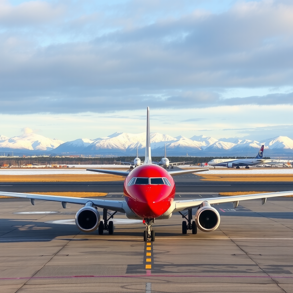 Modern Norwegian Air aircraft on tarmac at Oslo Airport with snow-capped mountains in background and Reykjavik city skyline visible in the distance