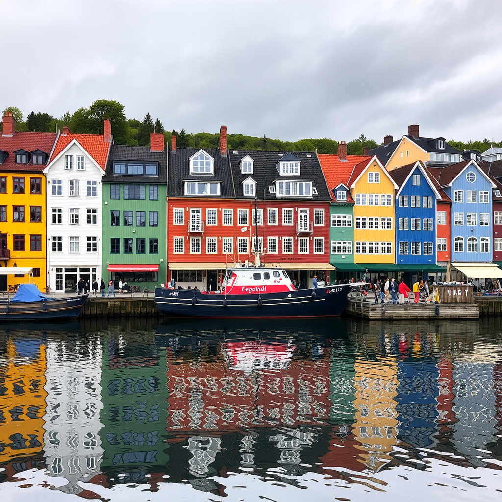 Historic colorful wooden buildings of Bryggen wharf district in Bergen, Norway, with traditional Hanseatic architecture reflected in the harbor waters