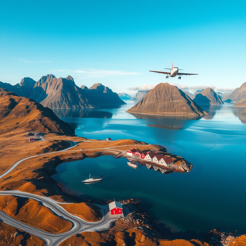 Stunning aerial view of Lofoten Islands with dramatic peaks rising from turquoise waters, traditional red fishing huts (rorbuer) dotting the coastline, and pristine Nordic landscape showcasing the natural beauty that the new sustainable tourism initiative aims to preserve