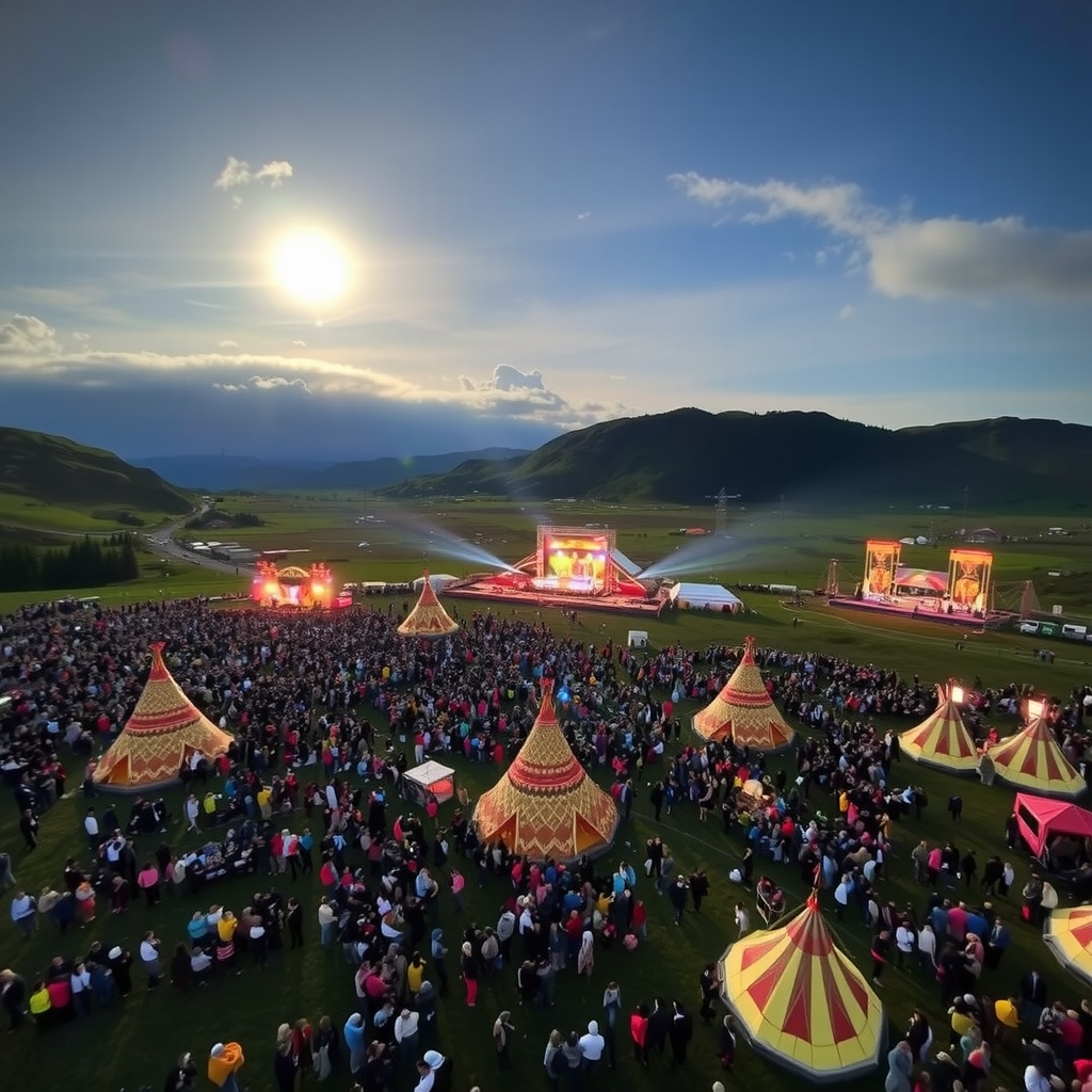 Aerial view of Alta's Midnight Sun Festival with thousands of visitors gathered in a scenic valley under the bright midnight sun, traditional Sami tents and colorful festival stages visible across the landscape