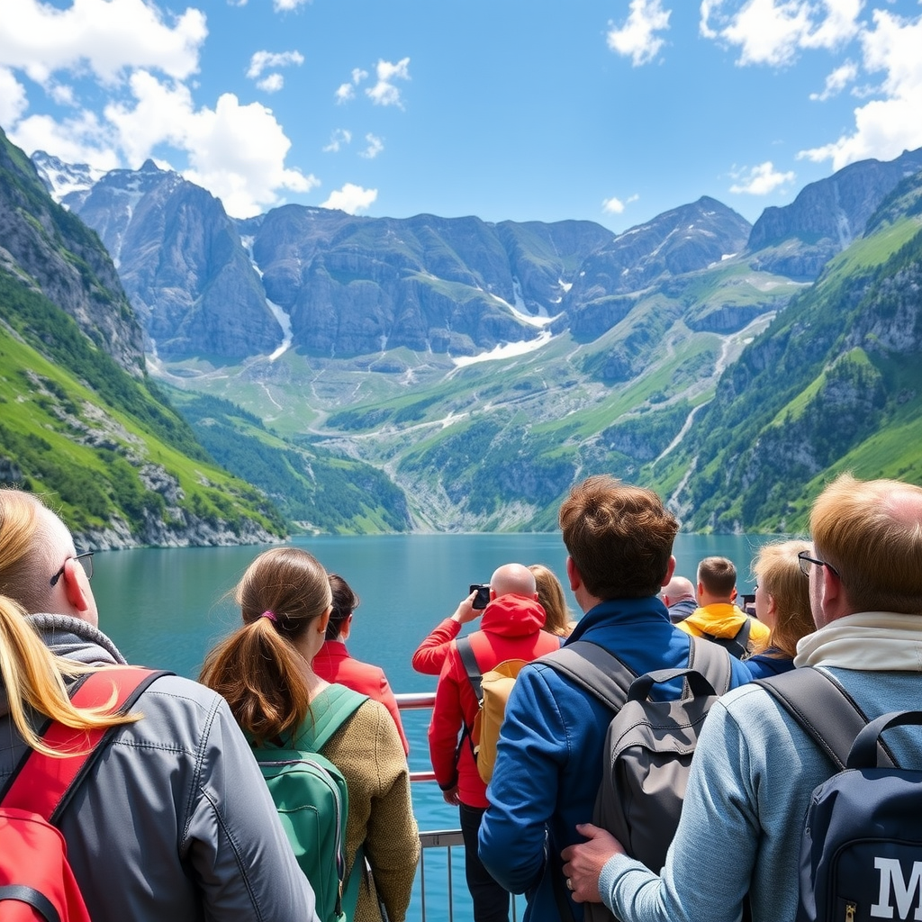 Professional tour guide leading a group through stunning Norwegian fjords with dramatic mountain landscapes and crystal clear waters