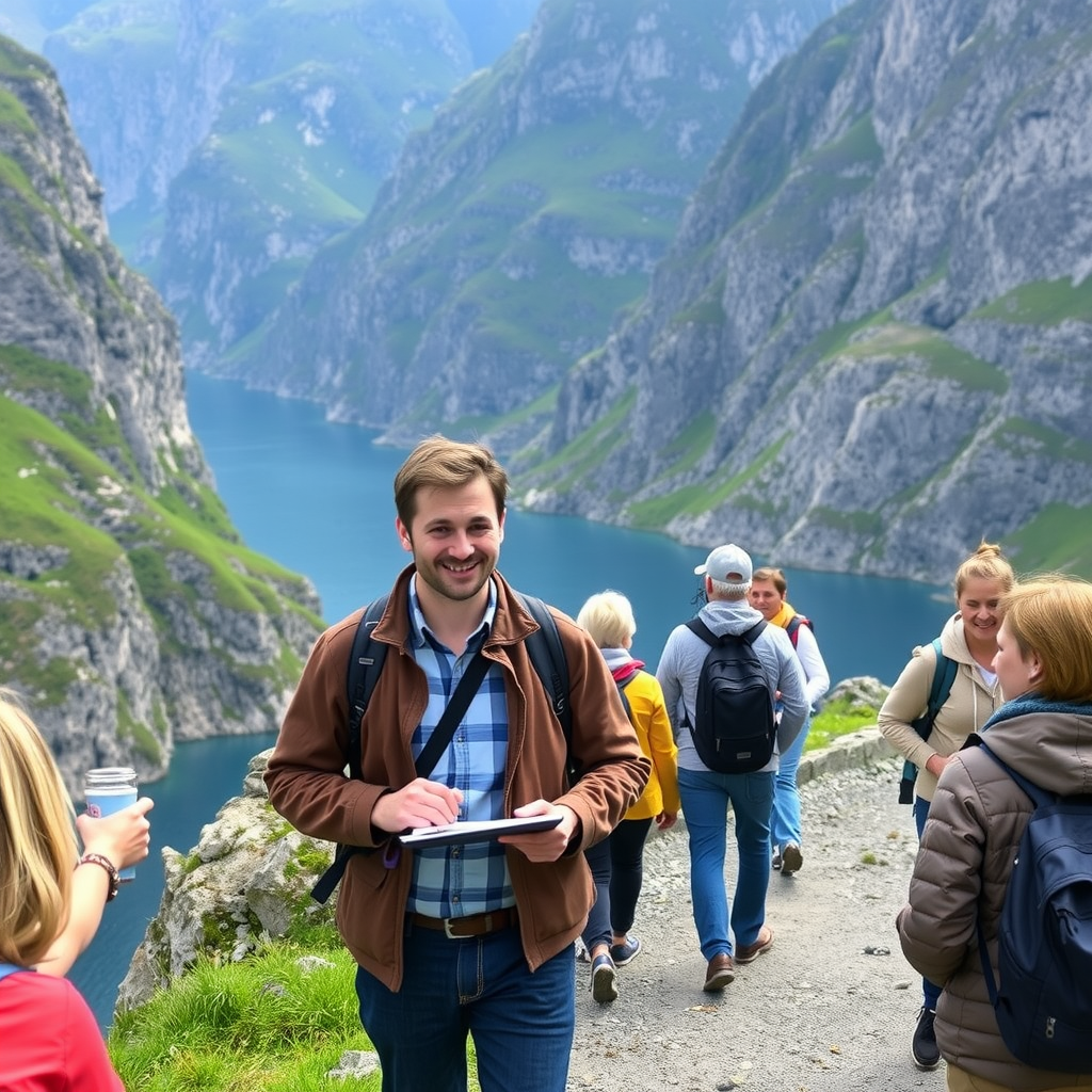Professional Norwegian tour guide leading a small group through dramatic fjord landscape with towering cliffs and pristine blue waters