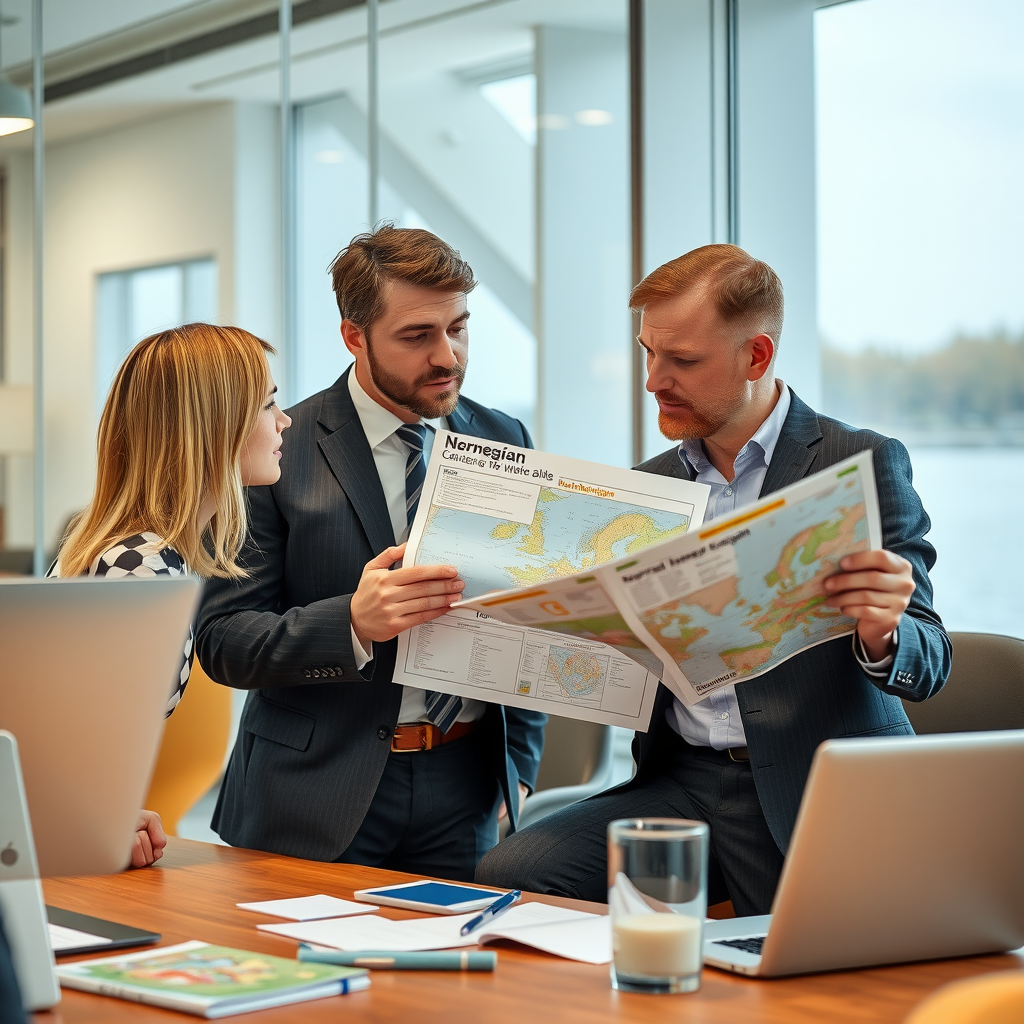 Professional travel consultant reviewing detailed Norwegian travel maps and itineraries with a client in a modern office setting
