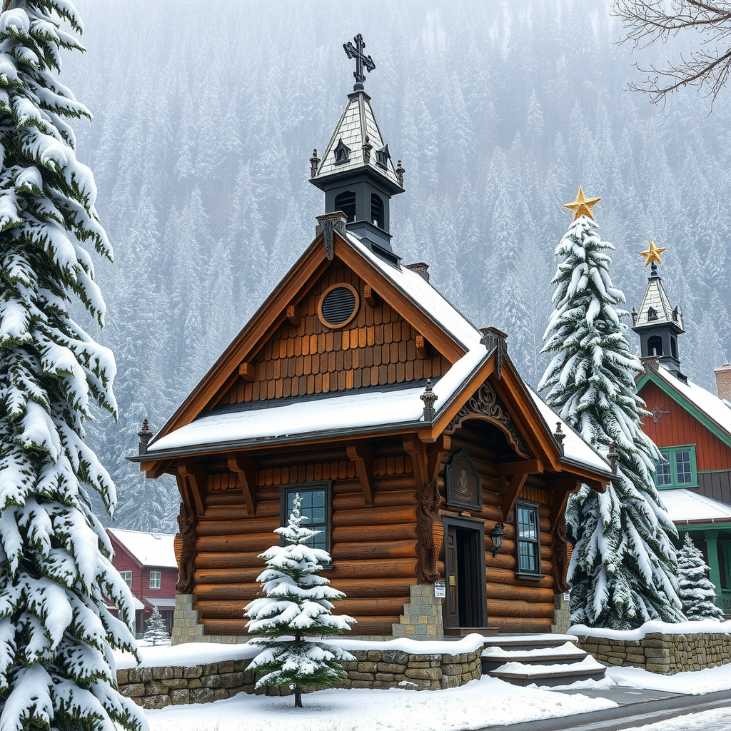 Traditional Norwegian stave church with intricate wooden carvings and dragon heads, surrounded by snow-covered pine trees in a picturesque village setting