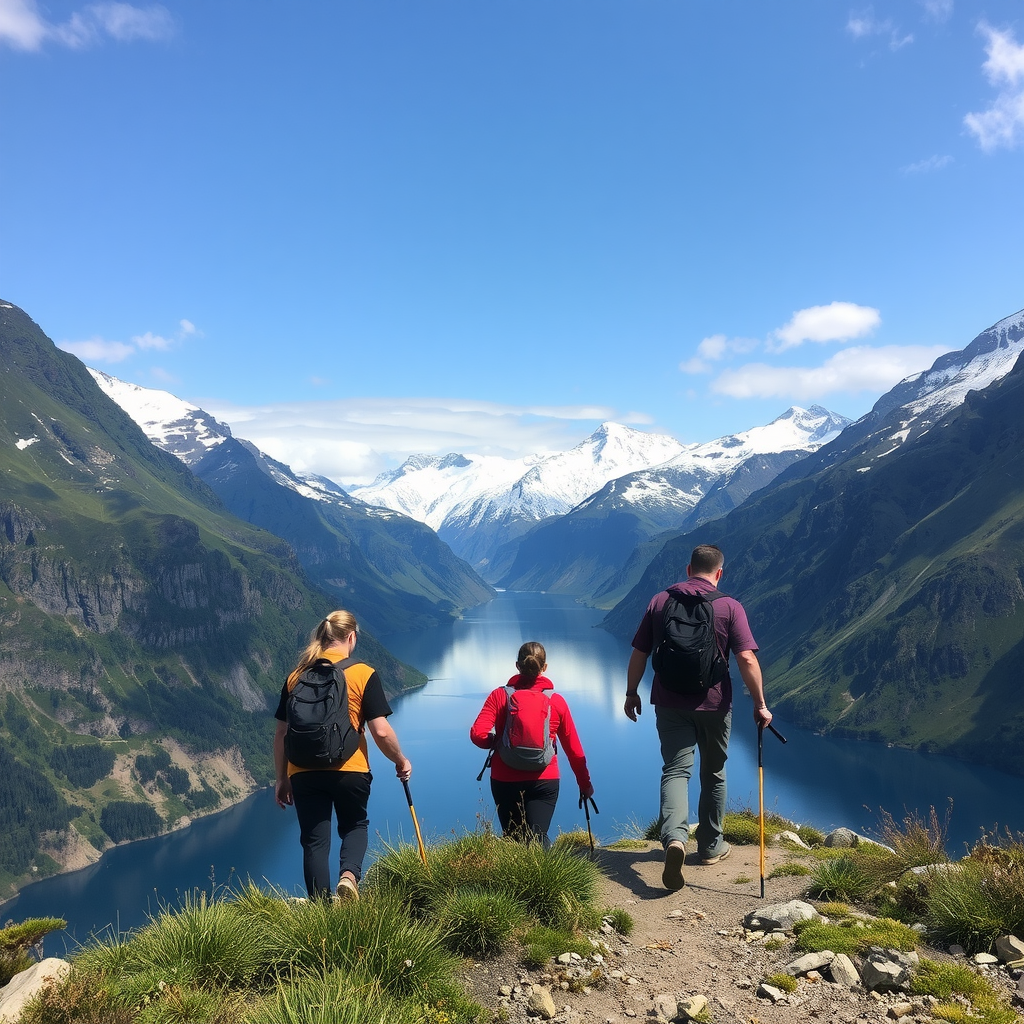 Adventurers hiking through dramatic Norwegian fjords with snow-capped mountains in the background