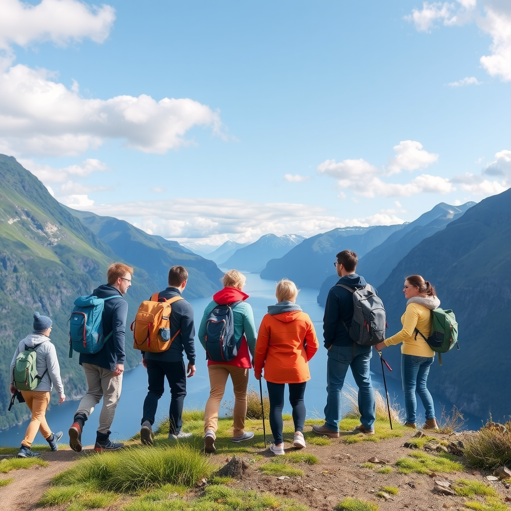 Group of travelers exploring Norwegian fjords together, corporate team building retreat in scenic mountain landscape