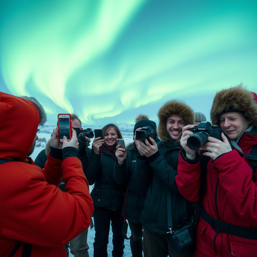 Excited tourists bundled in warm winter clothing taking photos of the northern lights with professional cameras and smartphones against the Arctic landscape