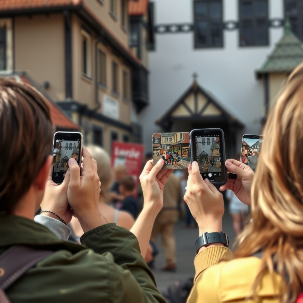Tourists using augmented reality devices to view historical reconstructions of medieval Hanseatic merchants and trading activities in Bergen's Bryggen district