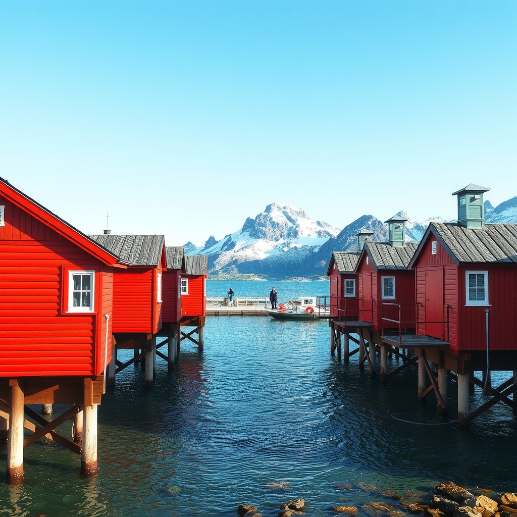 Traditional red wooden rorbuer fishing cabins on stilts over crystal clear Arctic waters in Lofoten, with snow-capped mountains in the background, representing the authentic accommodation options available through the sustainable tourism program