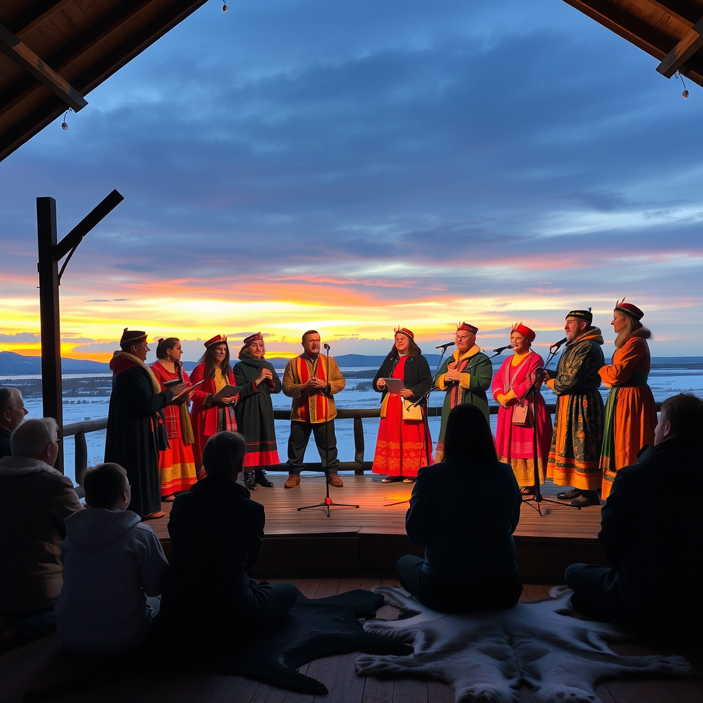 Traditional Sami performers in colorful traditional clothing performing joik singing on a wooden stage with the midnight sun glowing in the background, audience members sitting on traditional reindeer hides