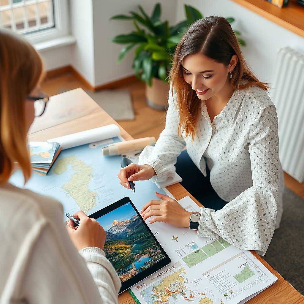 Travel consultant working with maps and itineraries planning a Norwegian adventure with laptop showing beautiful destinations