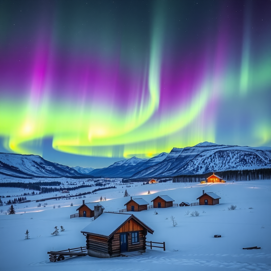 Spectacular northern lights aurora borealis dancing in green and purple colors over snow-covered Norwegian landscape with traditional wooden cabins