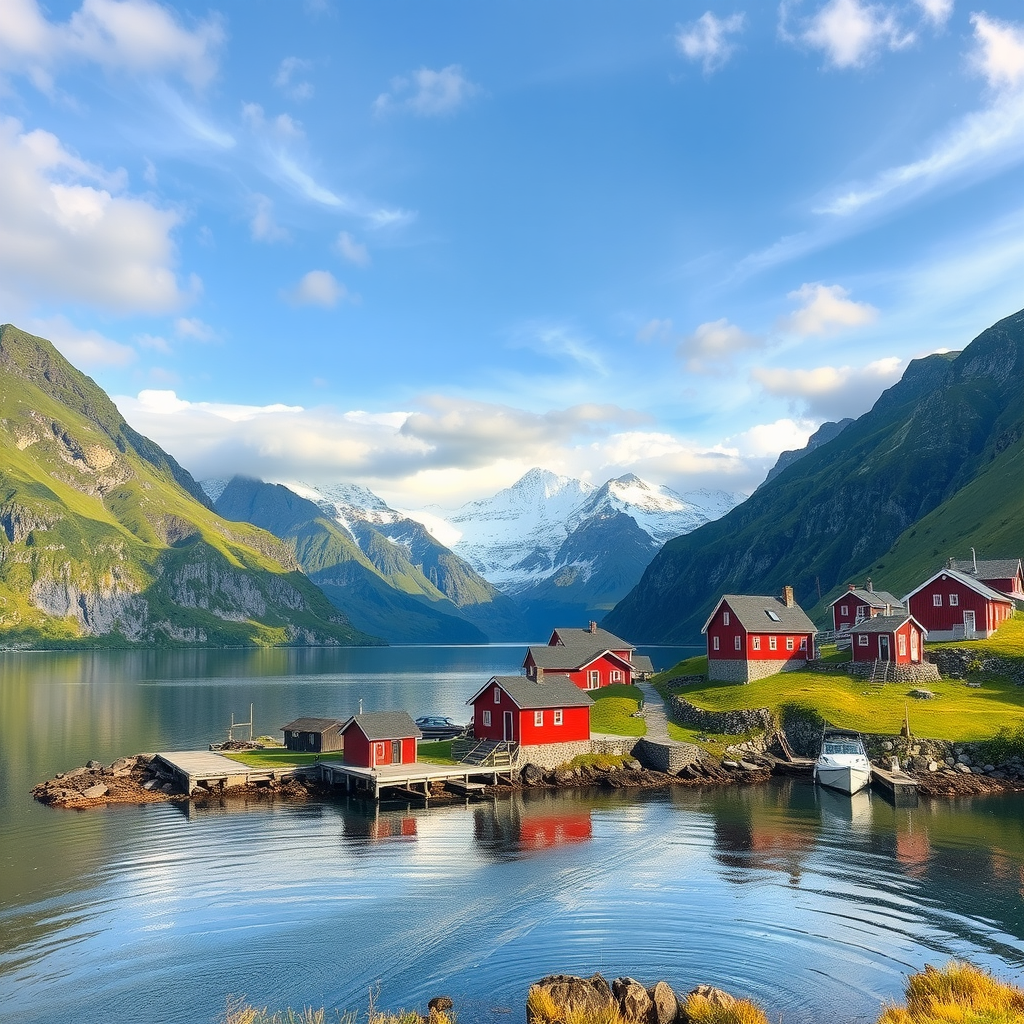 Stunning Norwegian fjord landscape with dramatic mountains, crystal clear waters, and traditional red wooden houses representing the perfect travel destination