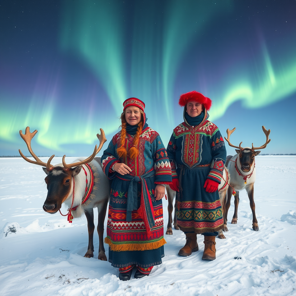 Sami people in traditional colorful clothing with intricate patterns, standing with reindeer in a snowy Arctic landscape under the northern lights