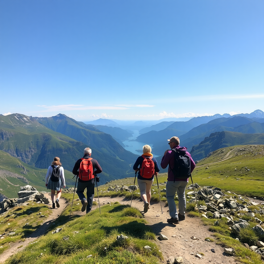 Group of hikers traversing scenic Norwegian mountain trails with panoramic valley views