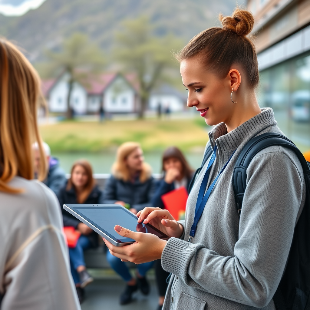 Professional travel coordinator managing group logistics with digital tablet, coordinating transportation and accommodations for large travel group in Norway