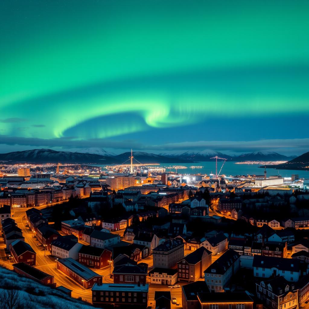 Panoramic view of Tromsø city at night with the northern lights visible in the sky above, showing the contrast between urban lights and the natural aurora phenomenon
