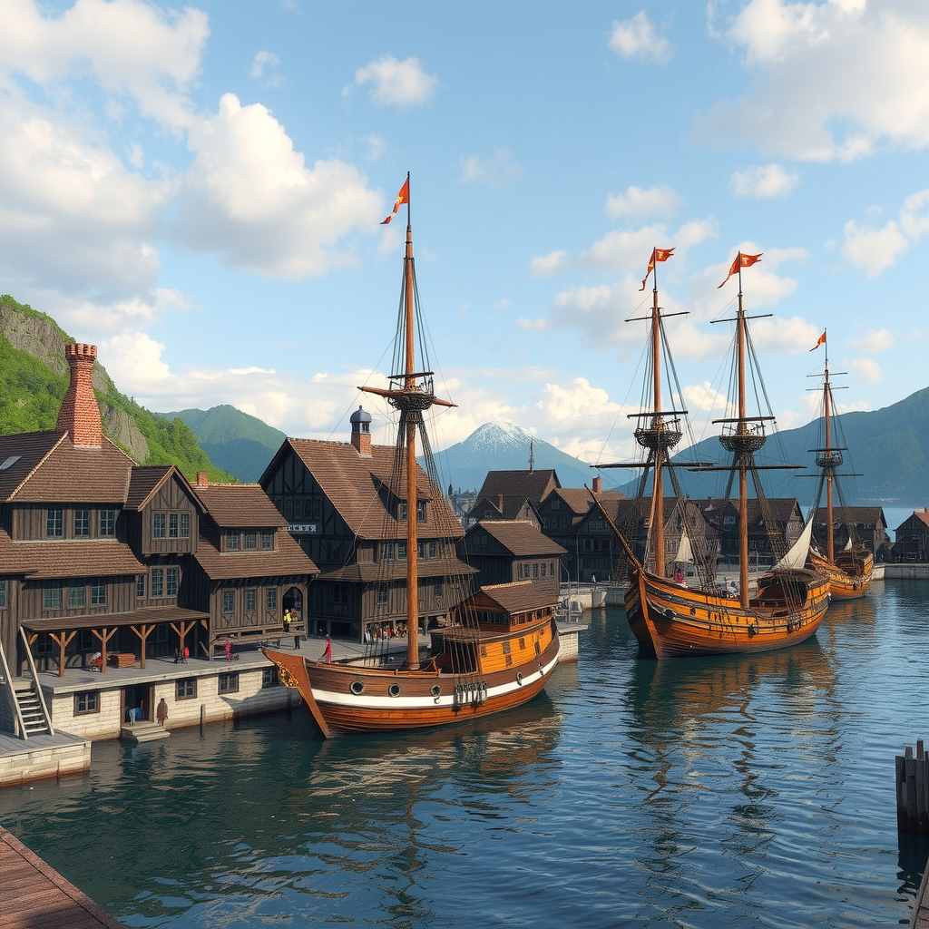 Digital reconstruction showing medieval wooden buildings and merchant ships in Bergen harbor during the height of the Hanseatic League period