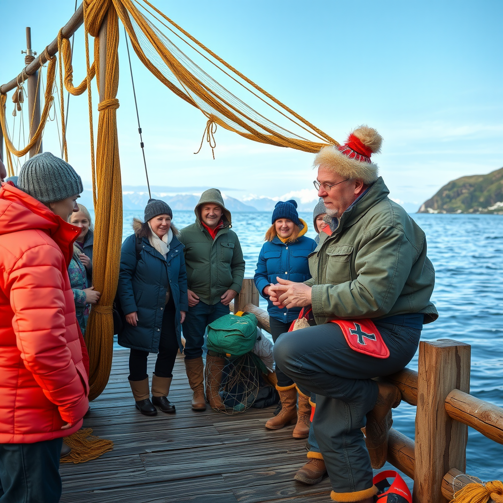 Local Norwegian fisherman in traditional gear teaching tourists about sustainable fishing practices on a wooden dock, with fishing nets and Arctic landscape visible, showcasing community involvement in the eco-tourism initiative
