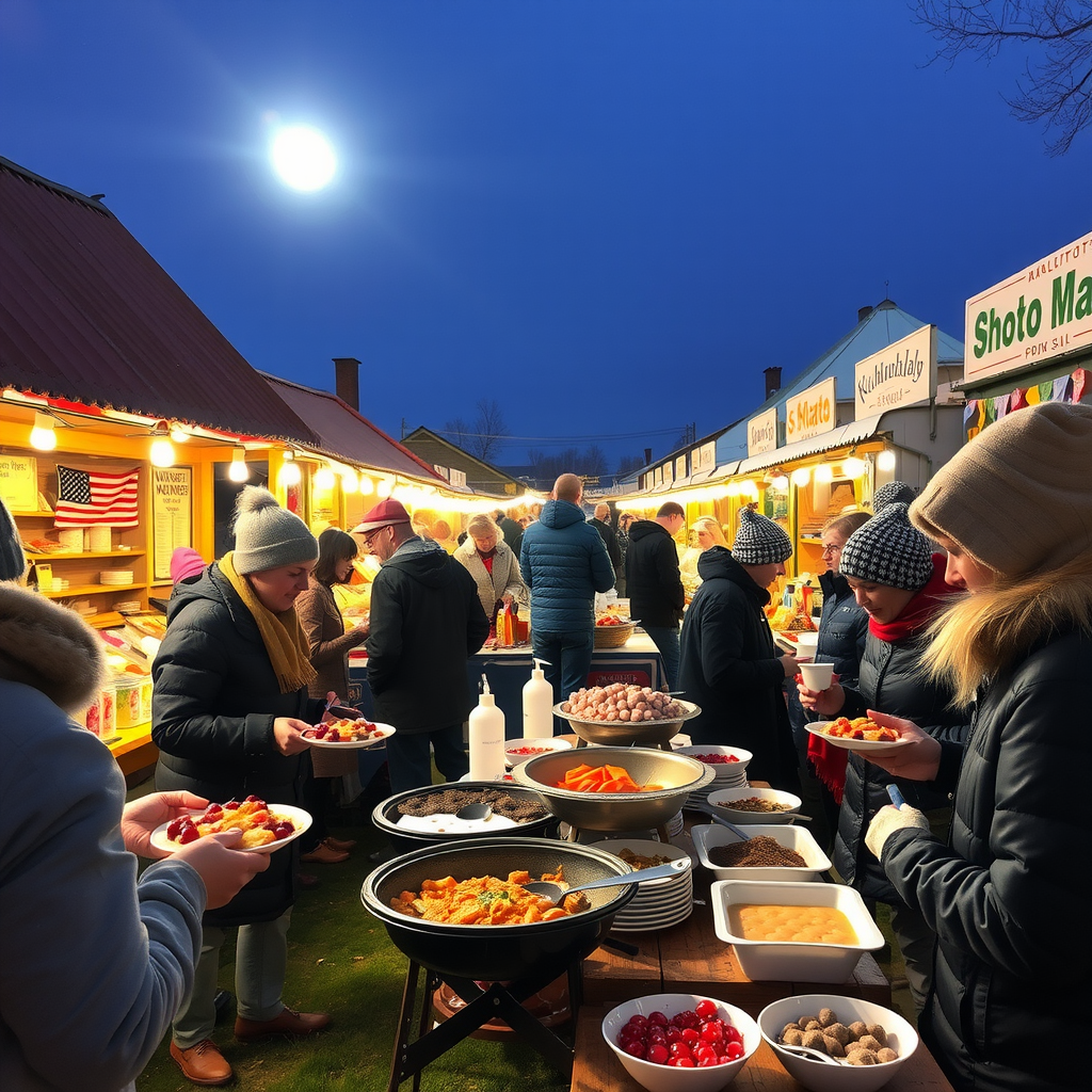 Bustling outdoor food market with colorful stalls selling traditional Arctic foods, visitors sampling reindeer dishes and cloudberry desserts under the bright midnight sun, traditional Sami food preparation methods being demonstrated