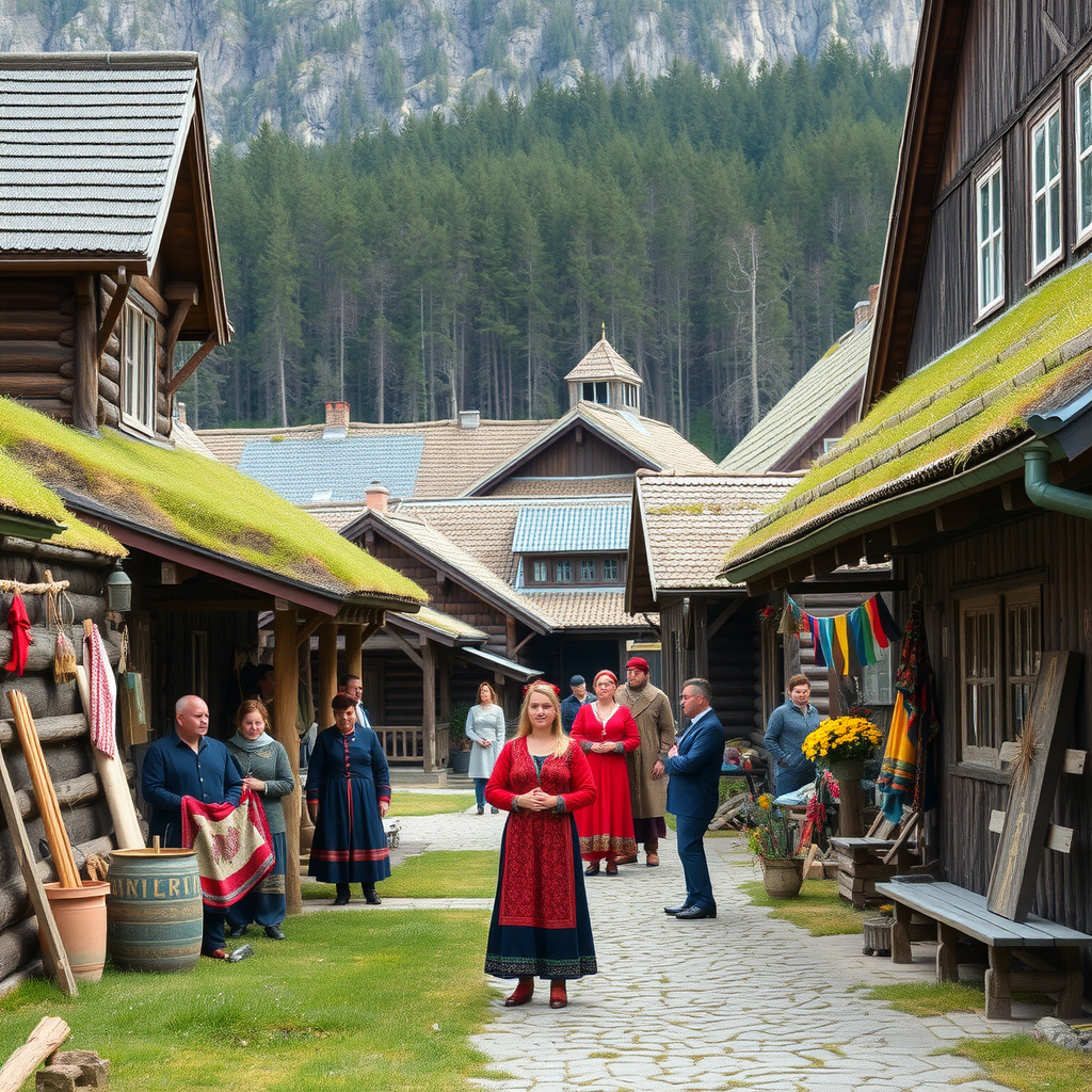 Traditional Norwegian village with authentic wooden buildings, local people in traditional costumes, and Sami cultural artifacts