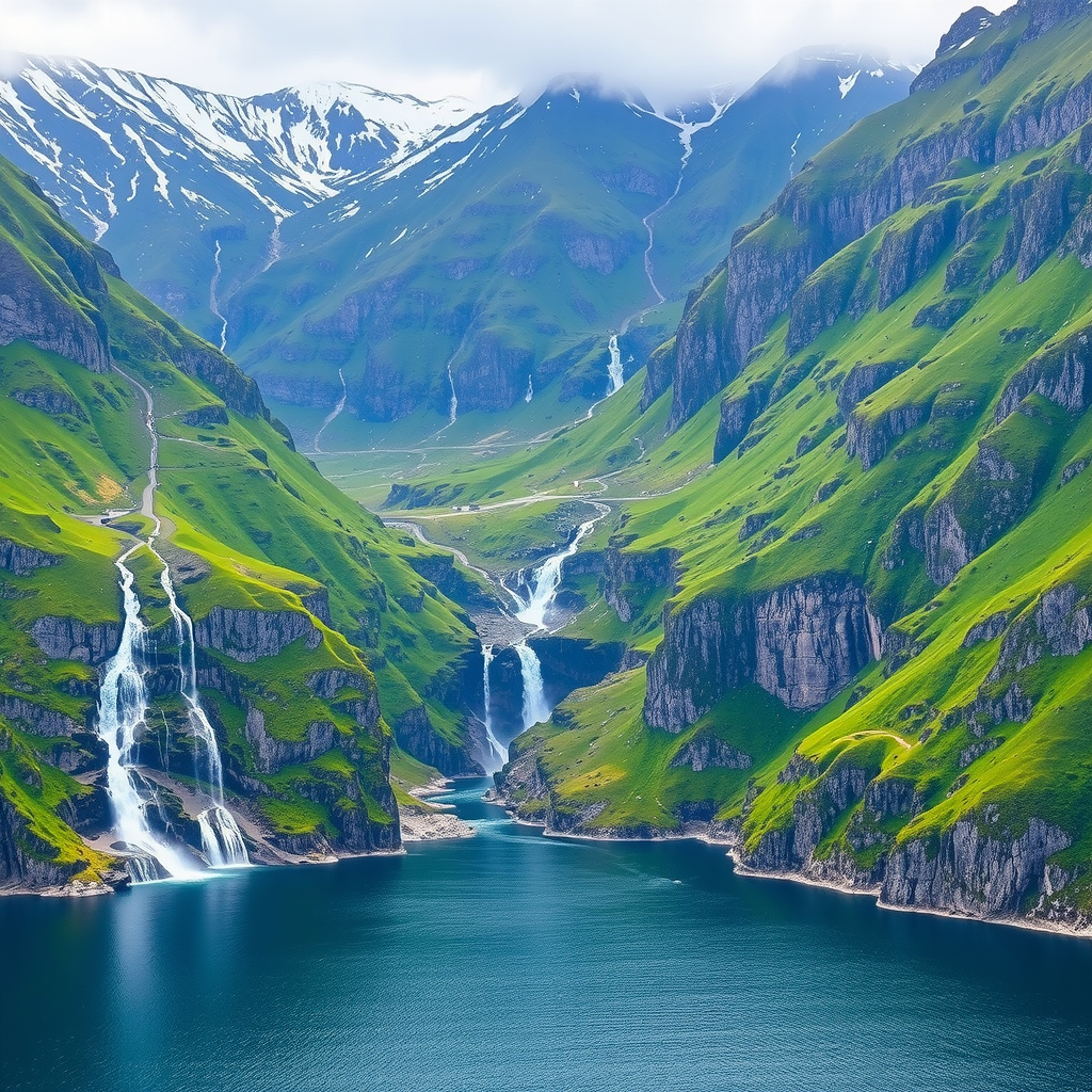 Dramatic Geiranger fjord with steep waterfalls cascading down emerald green cliffs into deep blue waters surrounded by snow-capped peaks