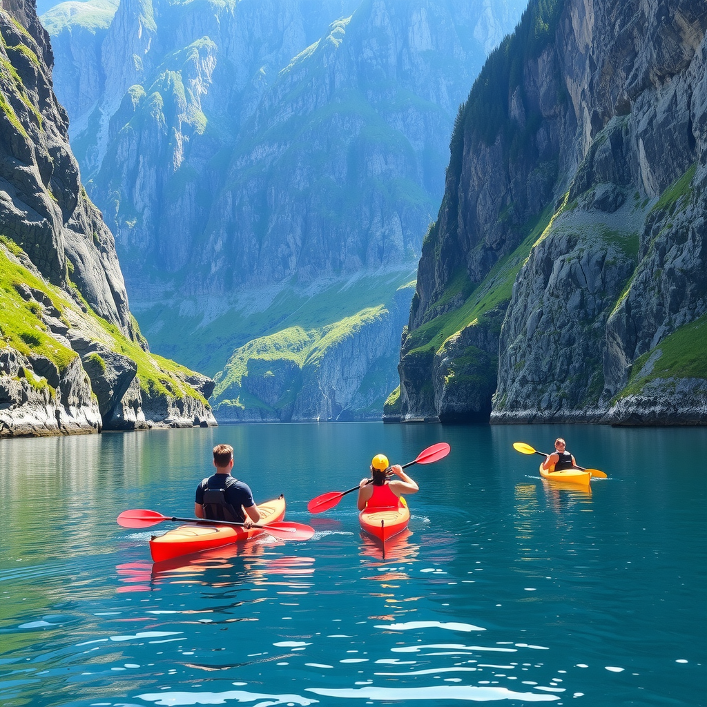 Kayakers paddling through crystal clear Norwegian fjords surrounded by towering cliffs