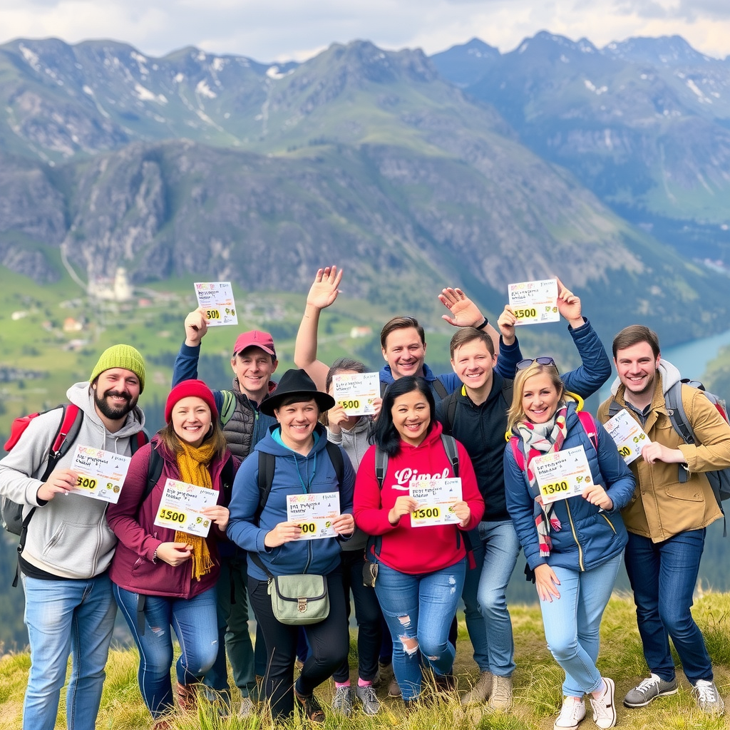 Happy group of travelers celebrating savings on their Norwegian adventure, diverse group holding discount vouchers with Norwegian landscape background