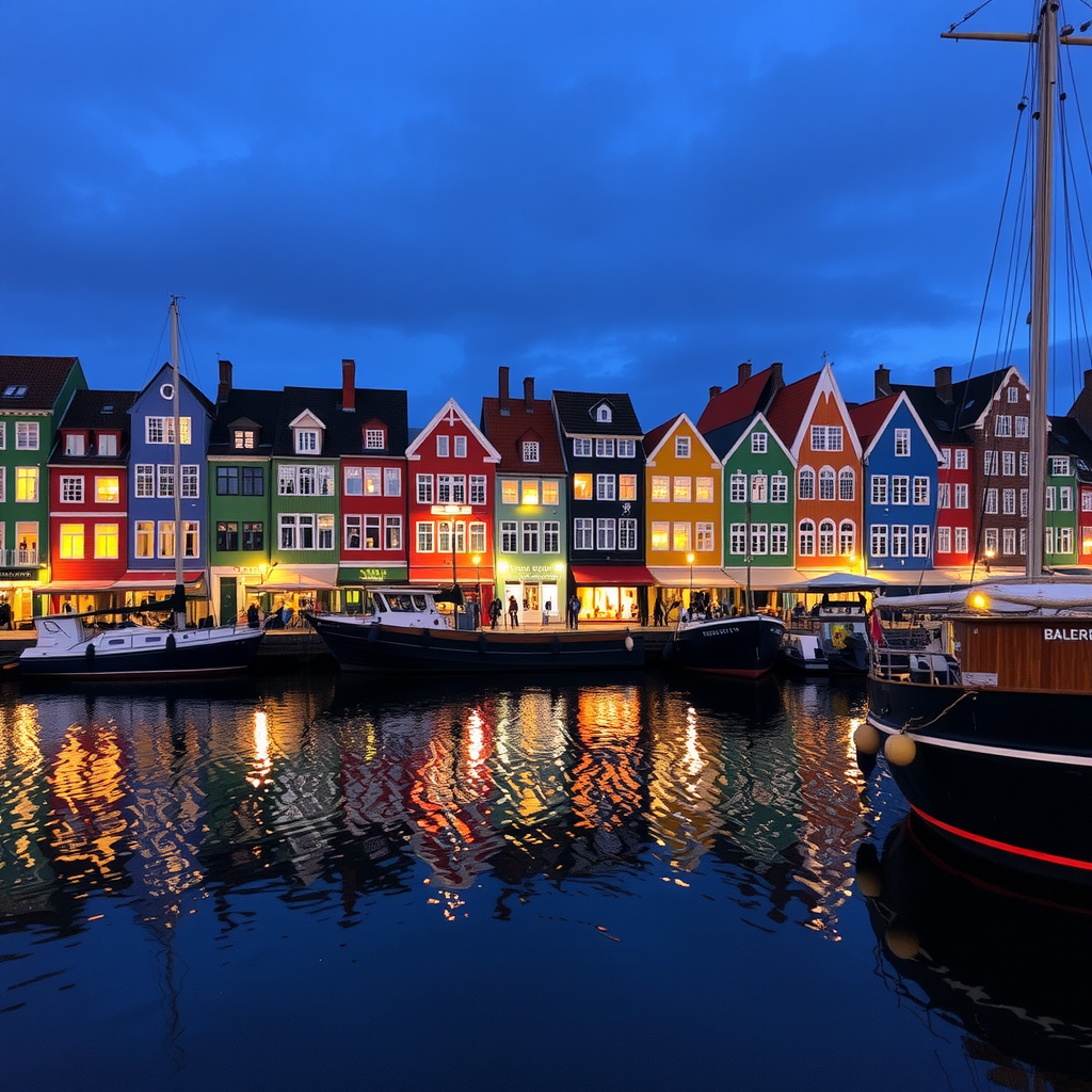 Evening view of Bryggen's colorful wooden buildings illuminated by warm lights reflecting in the harbor water during a guided walking tour