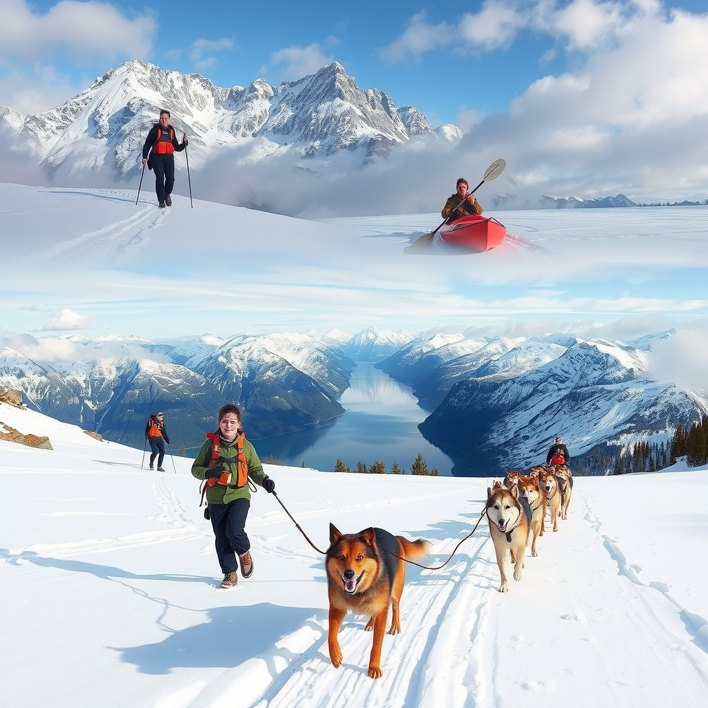 Exciting outdoor adventure scene with people hiking on Norwegian mountains, kayaking in fjords, and dog sledding through snowy landscapes