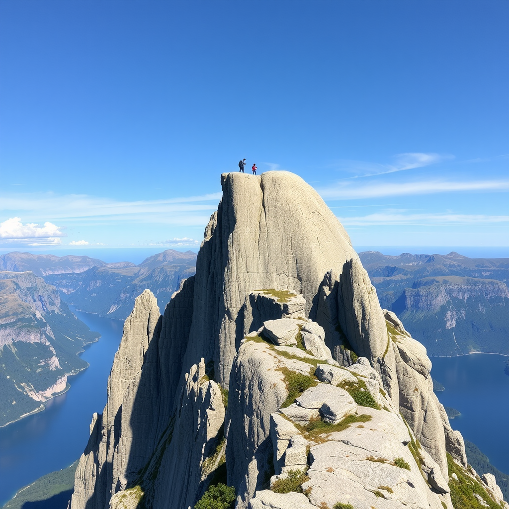 Iconic Preikestolen pulpit rock cliff formation towering 604 meters above Lysefjord with hikers enjoying panoramic views