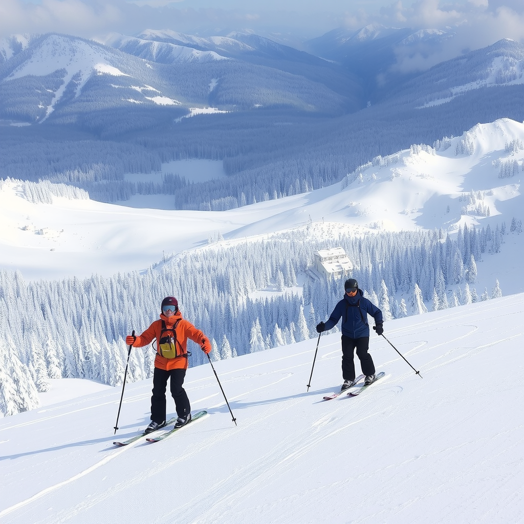 Skiers enjoying fresh powder snow on Norwegian mountain slopes with forest views