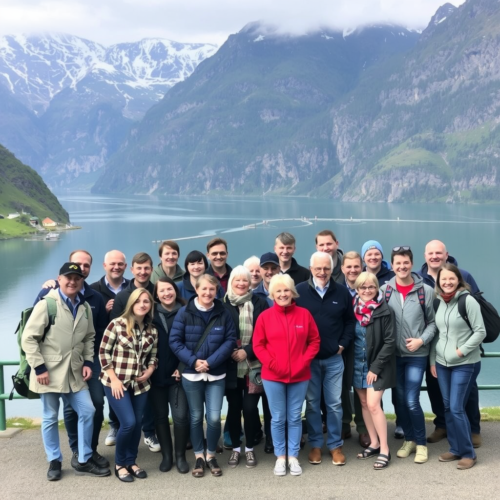 Large group of happy travelers posing together in front of iconic Norwegian fjord landscape, successful group tour with Little Pepe Travel Guide, diverse ages and backgrounds celebrating memorable experience