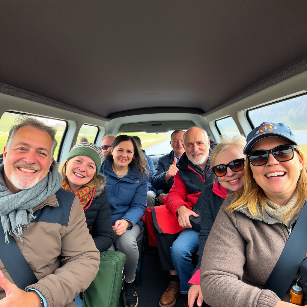 Happy group of travelers of different ages enjoying a coordinated tour in Norway with professional guide and comfortable transportation