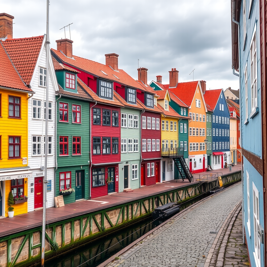 Colorful traditional wooden houses lining the historic Bryggen wharf in Bergen with medieval architecture and cobblestone streets