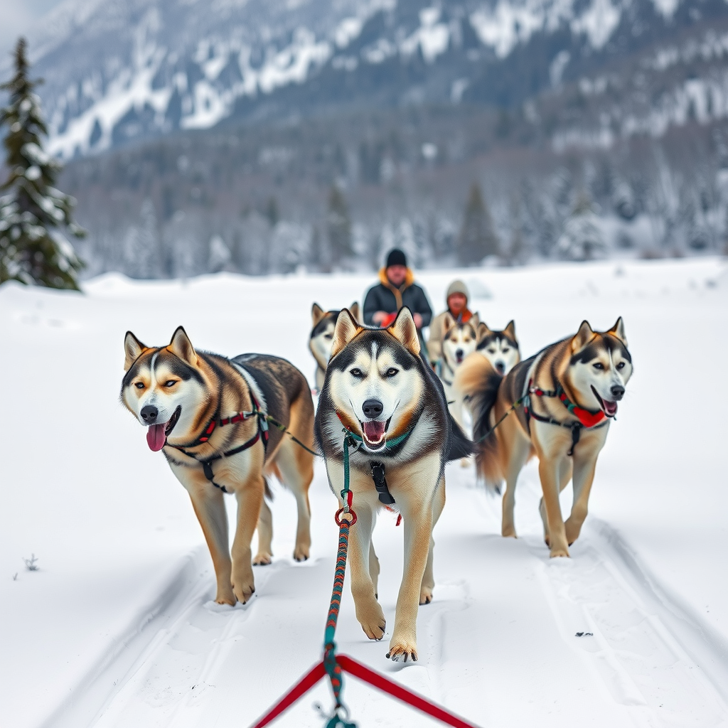 Team of energetic huskies pulling a sled through snowy Norwegian wilderness landscape