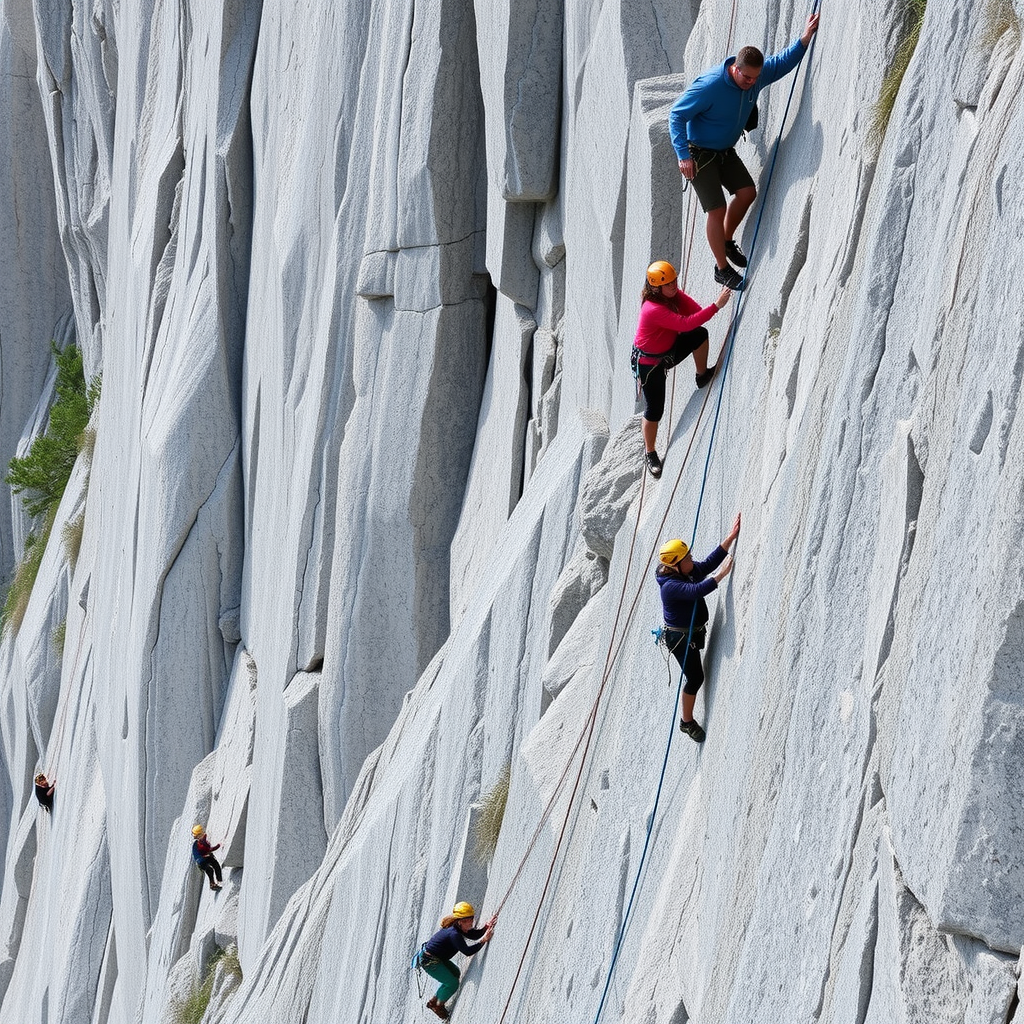 Rock climbers scaling dramatic Norwegian granite cliffs with safety equipment