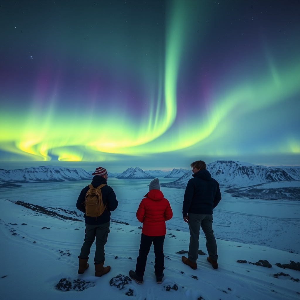 Adventurers watching spectacular northern lights dancing across the Norwegian Arctic sky