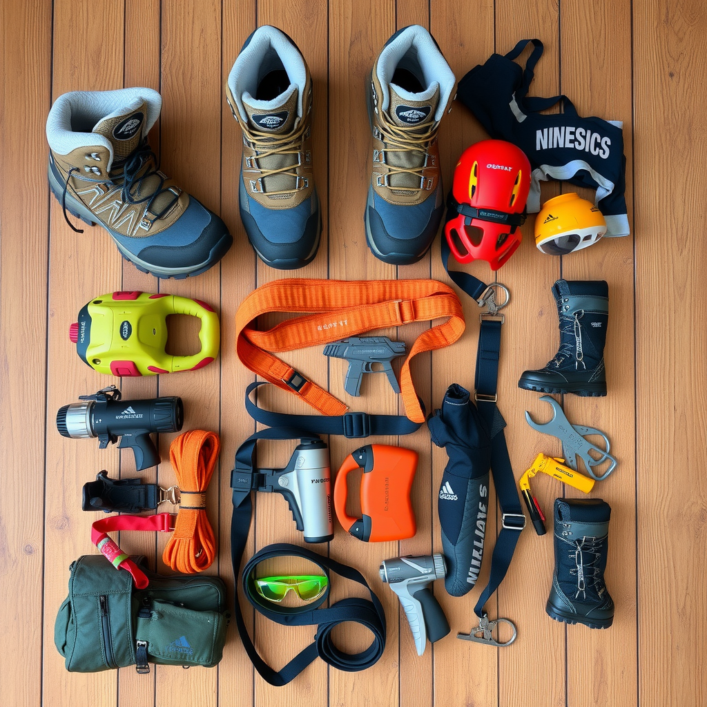 Professional outdoor adventure equipment including hiking boots, climbing gear, and safety equipment laid out on wooden surface