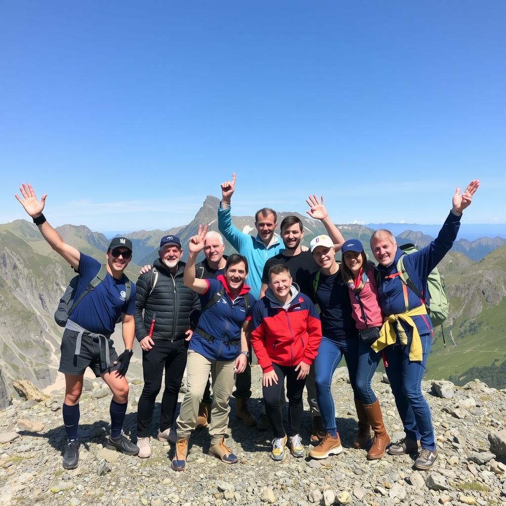 Happy group of international adventurers celebrating after completing a challenging Norwegian mountain hike